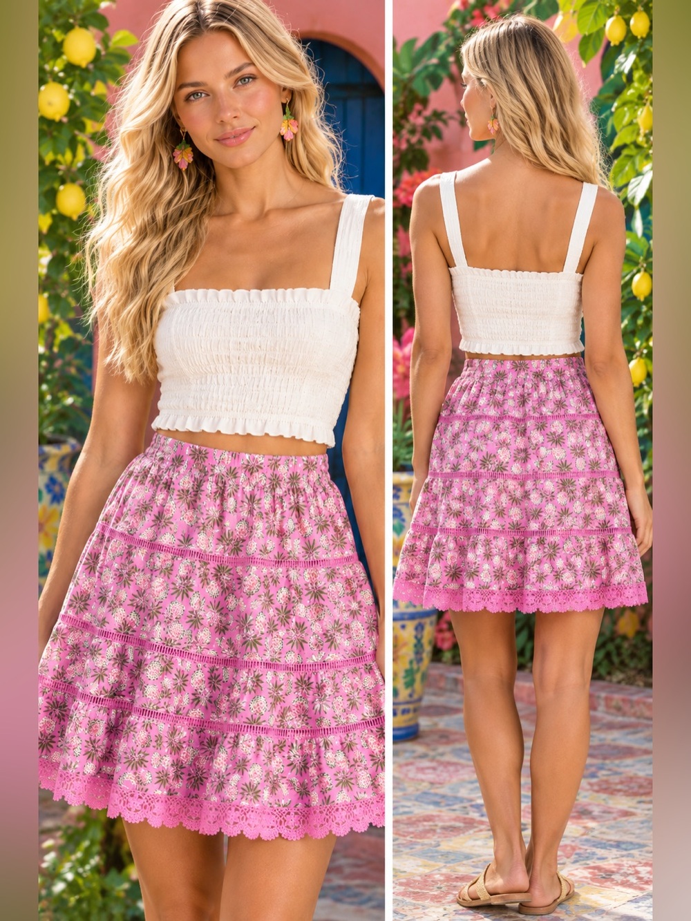 Free Assembly Tropical Pineapple Floral Tiered Ruffle Mini Skirt Lace Trim Boho